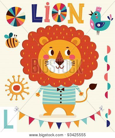 Vector Illustration In Cartoon Naive Style. Alphabet With Animals. Letter L. Lovely Cute Lion