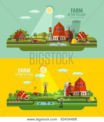 Farm in the village. Set of elements - barn, tractor, animals, building, windy mill, harvest, farmin
