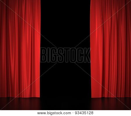 Open red silk curtains for theater and cinema spotlit light in the center.