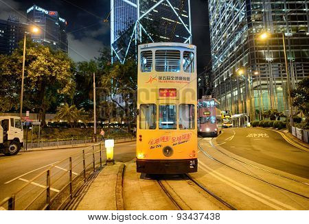 HONG KONG - JUNE 03, 2015: double-decker tram on street of HK. Hong Kong Tramways is a tram system in Hong Kong, being one of the earliest forms of public transport in the metropolis