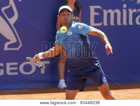 BARCELONA - APRIL, 23: Dominican tennis player Victor Estrella in action during a match of Barcelona tennis tournament Conde de Godo on April 23, 2015 in Barcelona