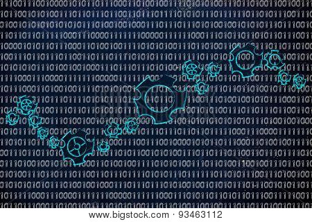 Gearwheels On Binary Code, Concept Of Business Intelligence Software