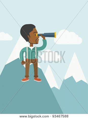 A black businessman holding telescope on the top of blue mountain with snow trying to get ideas on the sky. A contemporary style with pastel palette soft blue tinted background with desaturated clouds