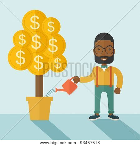 An african businessma standing while happily watering a money tree growing bigger in a pot as a sign of his success in business. Hardworking concept. A contemporary style with pastel palette soft blue