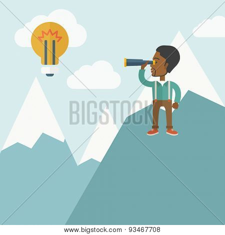 A black businessman holding telescope looking the bulb on the top of blue mountain with snow trying to get ideas on the sky. A contemporary style with pastel palette soft blue tinted background with