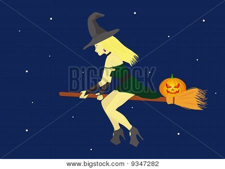 Häxa på en kvast med pumpa