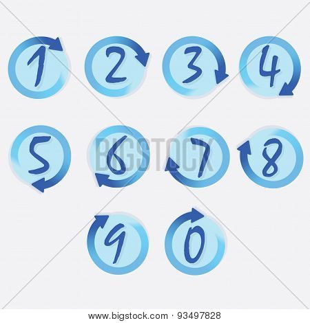 Blue circle hand written numbers set with brushed turning clockwise rotation arrow borders