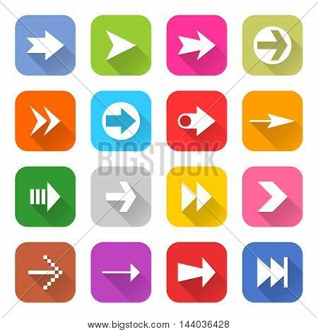 16 arrow icon set 01 white sign on color . Web button on white background. Simple minimalistic mono flat long shadow style. Vector illustration internet design graphic element 10 eps