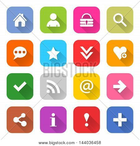 16 basic icon set 05 white sign on color. Web internet button on white background. Simple minimalistic mono flat long shadow style. Vector illustration internet design graphic element 10 eps