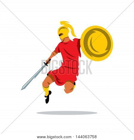 Man with a shield and sword in a jump attack. Isolated on a white background