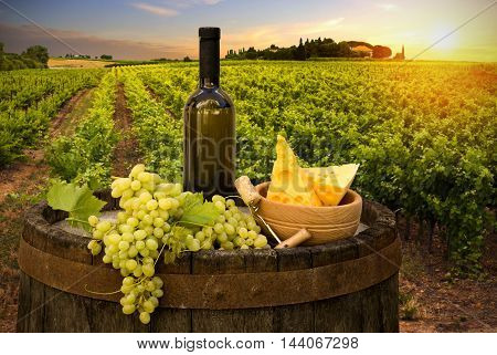Wine and vineyard in Tuscany sunset. Italy