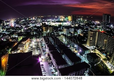 City building, fire lighting, beautiful city view at night, Bangkok, Thailand.