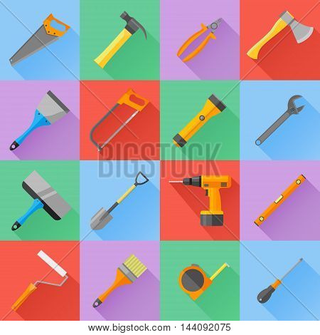 Set of construction tools flat icons. Spanner, pliers, hammer, screwdriver, brush, roller, axe, shovel, saw, drill, spatula, flashlight, level and tape measure. Vector illustration.