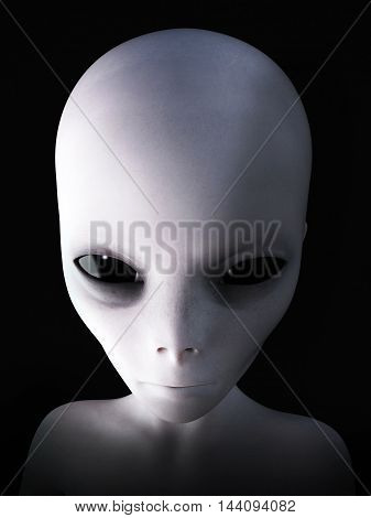 Portrait of an alien 3D rendering. Black background.
