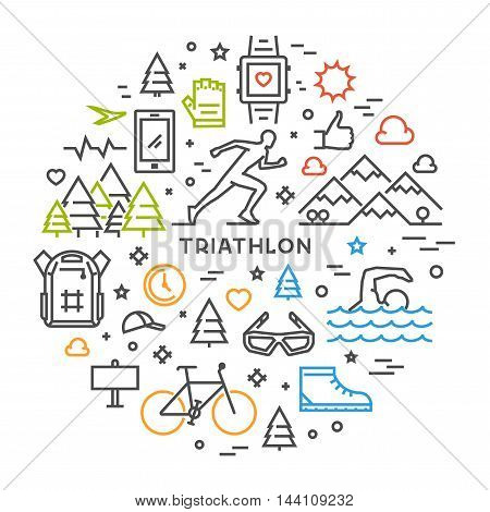 Line round concept for triathlon. Vector linear prints on T-shirts for triathlon. Open path.