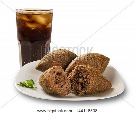 Kibe roast with cola. Brazilian snack. White background.