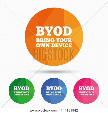 BYOD sign icon. Bring your own device symbol. Triangular low poly button with flat icon. Vector