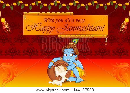 vector illustration of Lord Krishna stealing makhaan in Happy Janmashtami