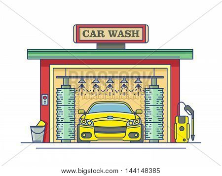 Car wash station. Service auto clean, garage and transport. Vector illustration
