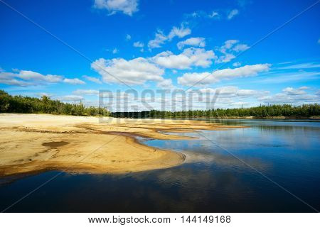Sand Bars On The River Agan . Summer Landscape.
