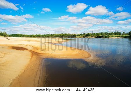 Sand Bars On The River Agan . Summer Landscape.