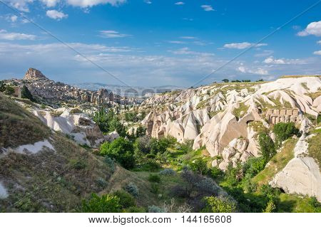 Pigeon valley and Ushisar castle in Cappadocia Central AnatoliaTurkey