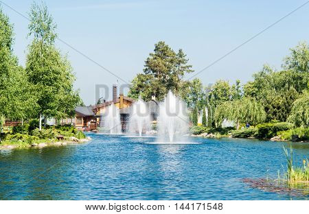 Fountain in the lake in Mezhyhiria nature