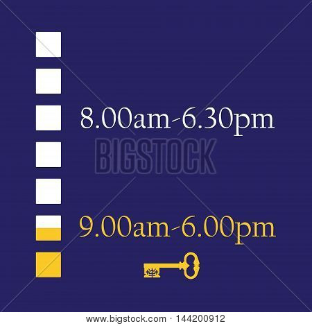 Blue timetable with shop working hours from monday to sunday vector illustration. Opening hours. Old key symbolize closed