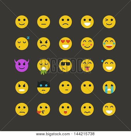 Set of flat yellow emoticons on white background. Vector emoticons illustration. Emoticons vector set. Emoticons web icons. Emoji iocns. Smiley faces. Set of Emoticons. Set of Emoji. Smile icons.