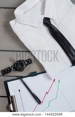 Businessman, Work Outfit On Grey Wooden Background. White Shirt With Black Tie, Watch, Belt, Oxford