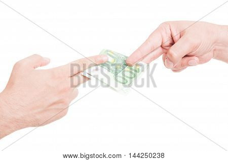 Hands Passing Euro Currency In Closeup
