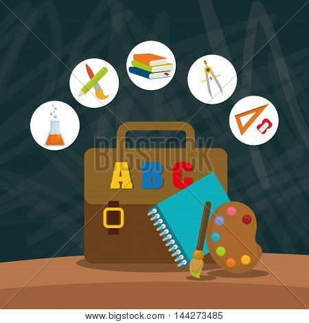 suitcase book brush back to shool education  icon set. Colorful and grunge design. Vector illustration