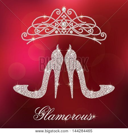 Glamour design elements. Elegant ladies high heels shoe shape, made with shiny diamonds. And crystals diadem. Isolated on the red blurred background. Vector illustration.