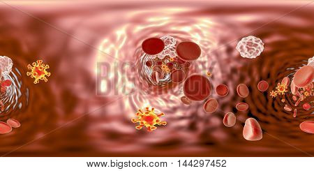 360-degree spherical panorama view of HIV, AIDS viruses, in blood with red blood cells and white blood cells. 3D illustration