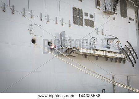NEW YORK MAY 26 2016: Ground level view of details on the USS Bataan (LDH 5) an amphibious assault ship moored at Pier 88 for Fleet Week NY 2016.
