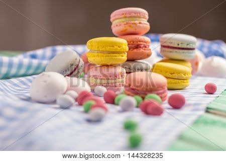 Sweet composition with macaroon cookies and marshmallow
