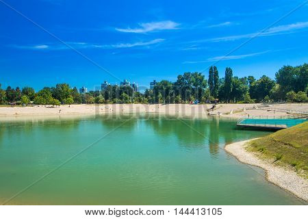Beautiful Bundek lake in Novi Zagreb, Croatia, sunny summer day