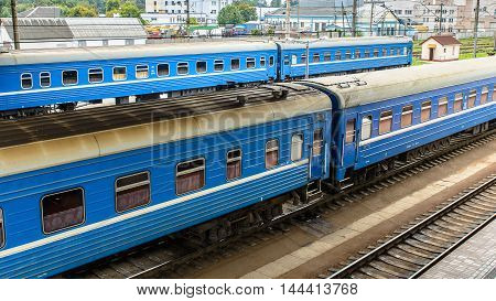 BREST, BELARUS - AUG 30, 2014: Train at the Central Railway station in Brest, Belarus. Brest railway station was found in 1886