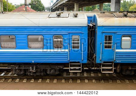BREST, BELARUS - AUG 30, 2014: Train Brest - Moscow at the Central Railway station in Brest, Belarus. Brest railway station was found in 1886