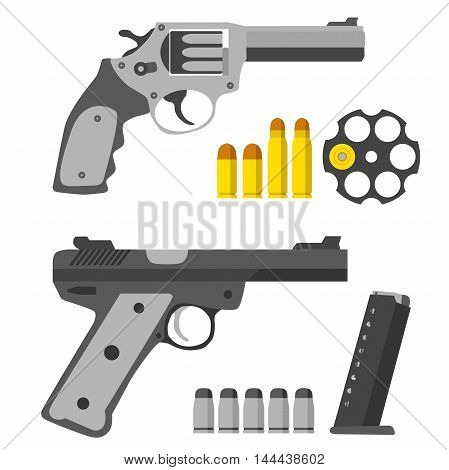 Set of pistols. Revolver, revolver's barrel and bullets. Gun and clip with bullets.
