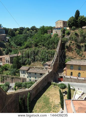 View of the old city centre in Siena Italy with the Fonte Branda