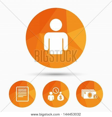 Bank loans icons. Cash money bag symbol. Apply for credit sign. Fill document and get cash money. Triangular low poly buttons with shadow. Vector