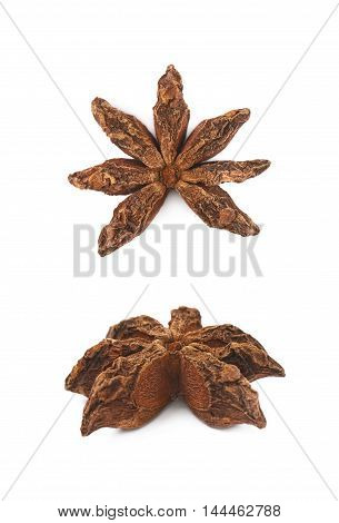 Single Chinese star anise seed isolated over the white background, set of two different foreshortenings