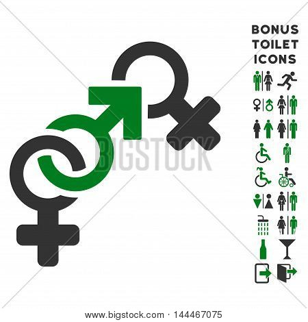 Faith Breach icon and bonus man and female lavatory symbols. Vector illustration style is flat iconic bicolor symbols, green and gray colors, white background.