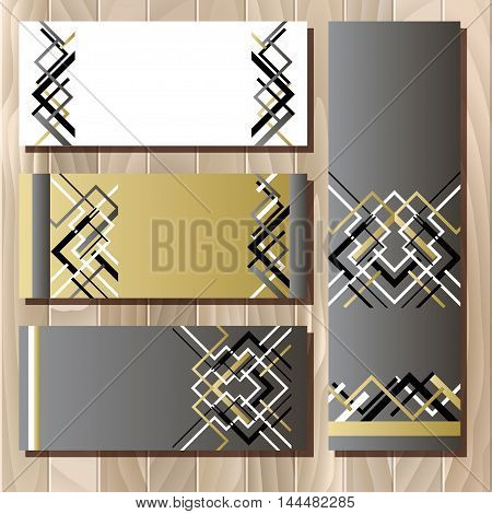 Card template in art deco outline style. Holiday background mock for banner or ticket. Golden silwer white and black luxury background template for sale. Vector illustration.