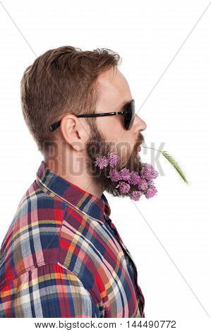 Portrait of handsome man with beard of clover flowers isolated on white
