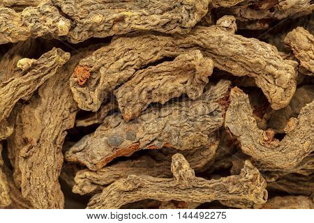 Organic Mother Turmeric Rhizomes or Dry Haldi (Curcuma longa) roots. Macro close up background texture. Top view.