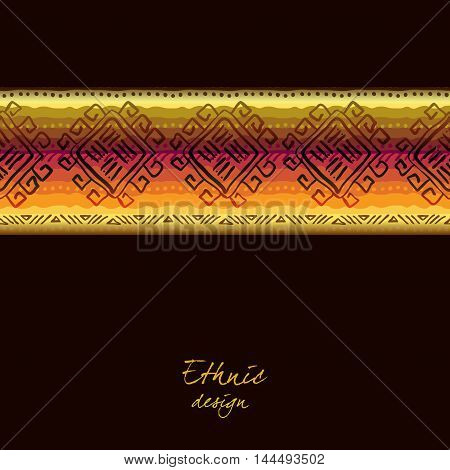 Darck horizontal seamless border with tribal stripe ornament in black background. Geometric ethnic colorful design. Vector illustration stock vector.