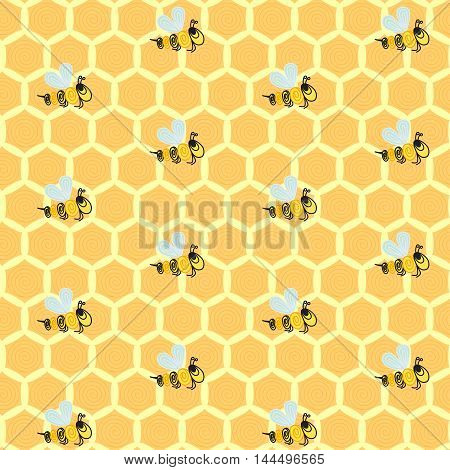Seamless background pattern with yellow honeycombs and repeating bees. Vector illustration eps 10