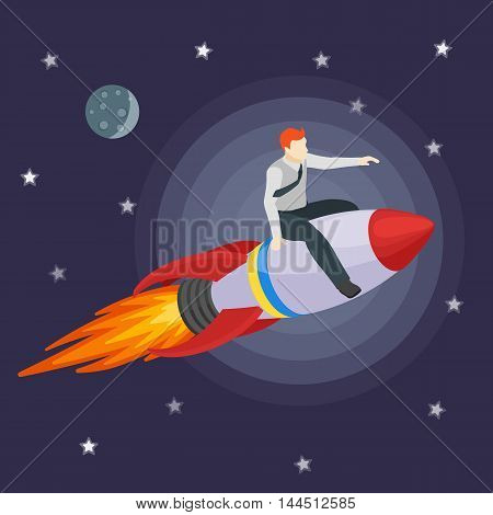 A man flying on a rocket and shows forward. Trendy flat design, businessman riding on a rocket, business concept of moving forward for success